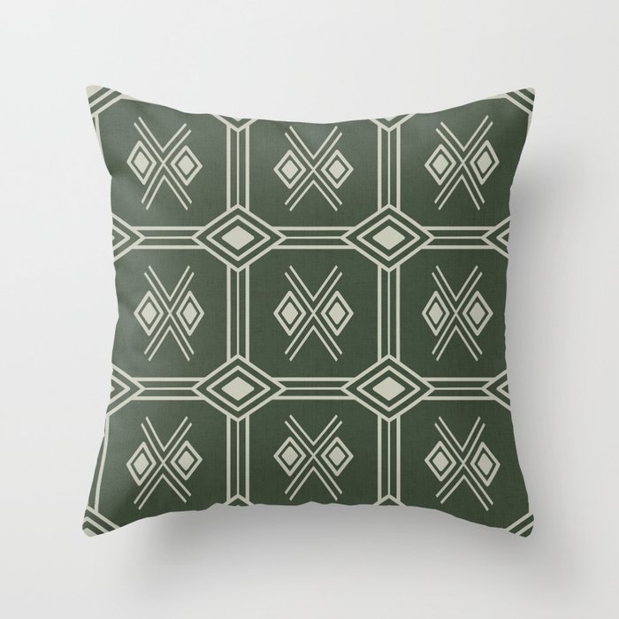 Zabzus - olive tribal square with diamonds - ethnic tile pattern Throw Pillow