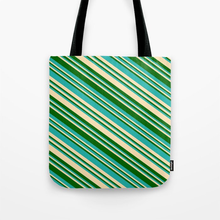 Light Sea Green, Beige, and Dark Green Colored Lined Pattern Tote Bag
