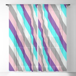 [ Thumbnail: Colorful Indigo, Cyan, Mint Cream, Grey, and Light Pink Colored Lined/Striped Pattern Sheer Curtain ]