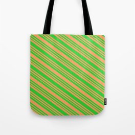 [ Thumbnail: Brown & Lime Green Colored Striped/Lined Pattern Tote Bag ]