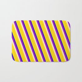 [ Thumbnail: Vibrant Green, Blue, Dark Violet, Bisque & Yellow Colored Striped Pattern Bath Mat ]