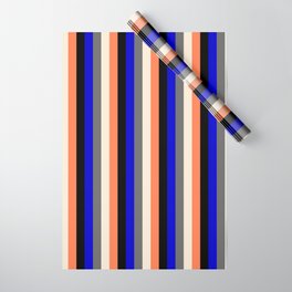 [ Thumbnail: Vibrant Dim Gray, Beige, Coral, Black & Blue Colored Stripes Pattern Wrapping Paper ]