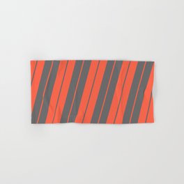 [ Thumbnail: Dim Gray and Red Colored Striped Pattern Hand & Bath Towel ]