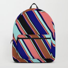 [ Thumbnail: Eyecatching Turquoise, Sienna, Light Coral, Blue, and Black Colored Lined Pattern Backpack ]
