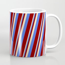 [ Thumbnail: Tan, Royal Blue, and Maroon Colored Lines Pattern Coffee Mug ]