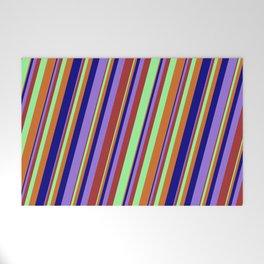 [ Thumbnail: Colorful Brown, Green, Chocolate, Blue, and Purple Colored Lined Pattern Welcome Mat ]