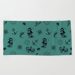 Green Blue And Blue Silhouettes Of Vintage Nautical Pattern Beach Towel