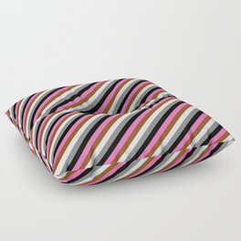 [ Thumbnail: Eye-catching Hot Pink, Brown, Light Cyan, Gray & Black Colored Stripes Pattern Floor Pillow ]