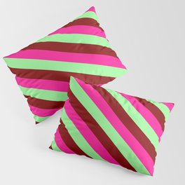 [ Thumbnail: Deep Pink, Green & Maroon Colored Striped Pattern Pillow Sham ]