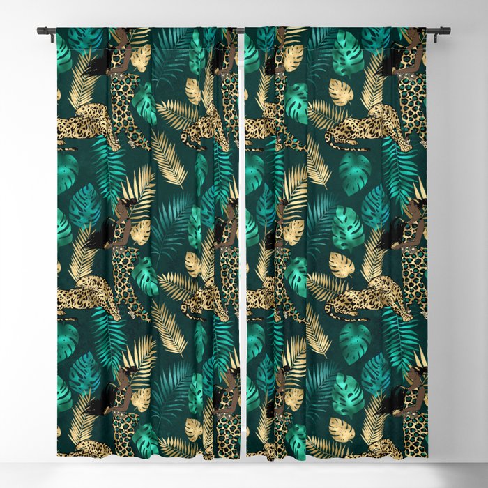 Teal and Gold Leopard Print Pattern 08 Blackout Curtain