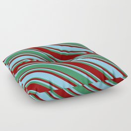 [ Thumbnail: Sky Blue, Sea Green, and Dark Red Colored Lined/Striped Pattern Floor Pillow ]
