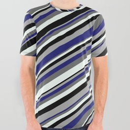 [ Thumbnail: Eye-catching Dark Grey, Midnight Blue, Dim Gray, Mint Cream & Black Colored Pattern of Stripes All Over Graphic Tee ]