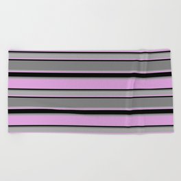 [ Thumbnail: Plum, Black, Gray, and Dark Grey Colored Striped/Lined Pattern Beach Towel ]