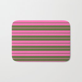 [ Thumbnail: Hot Pink and Dark Olive Green Colored Lined Pattern Bath Mat ]
