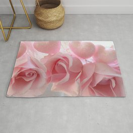 Shabby Chic Romantic Pink Whte Roses Hearts Floral Decor Rug
