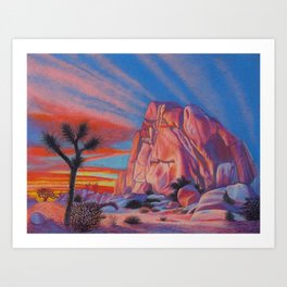 Glowing Joshua Tree sunset as the climbing day draws to a close Art Print