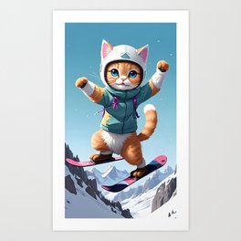 Adorable Kitten Shreds the Snowboard Art Print