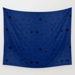 Blue and Black Doodle Kitten Faces Pattern Wall Tapestry
