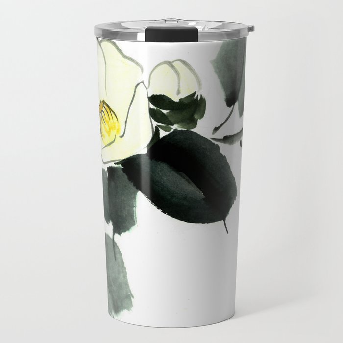 White camellia sumi ink and japanese watercolor painting Travel Mug