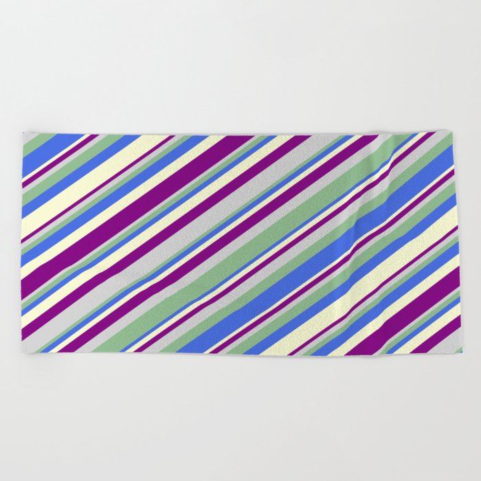 Colorful Light Grey, Dark Sea Green, Royal Blue, Light Yellow & Purple Colored Lined/Striped Pattern Beach Towel