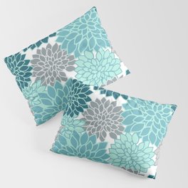 Dahlia Floral Blooms in Teal and Gray Pillow Sham
