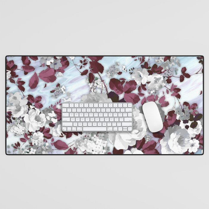 Boho burgundy white pastel marble floral pattern Desk Mat