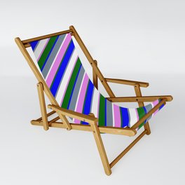 [ Thumbnail: Light Slate Gray, White, Violet, Dark Green & Blue Colored Stripes Pattern Sling Chair ]