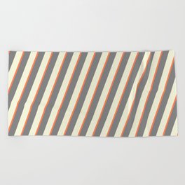 [ Thumbnail: Beige, Coral & Grey Colored Lined Pattern Beach Towel ]