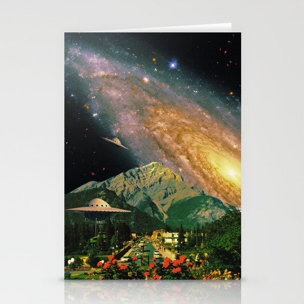 Galaxy Visitors - Space Collage, Retro Futurism, Sci-Fi Stationery Cards