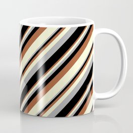 [ Thumbnail: Sienna, Light Yellow, Dark Grey, and Black Colored Stripes Pattern Coffee Mug ]