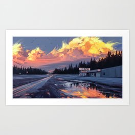 Horizon Art Print | Landscape, Aenami, Forest, Cafe, Road, Sunset, Yellow, Trees, Water, Painting 