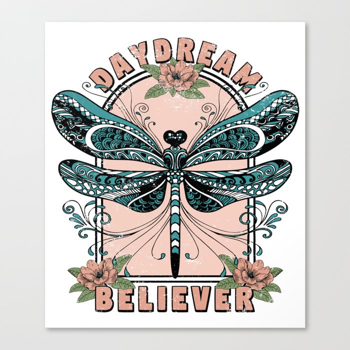 Daydream, Cute Dragonfly, Pretty Floral Design Canvas Print