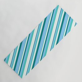 [ Thumbnail: Teal, Light Sky Blue, Turquoise & Mint Cream Colored Striped Pattern Yoga Mat ]