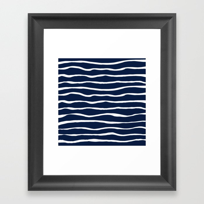 Ocean Ripple Modern Organic Stripe Pattern in White and Nautical Navy Blue Framed Art Print