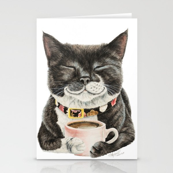 Purrfect Morning , cat with her coffee cup Stationery Cards