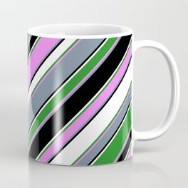 [ Thumbnail: Eye-catching Forest Green, Violet, Light Slate Gray, Black & White Colored Striped/Lined Pattern Coffee Mug ]