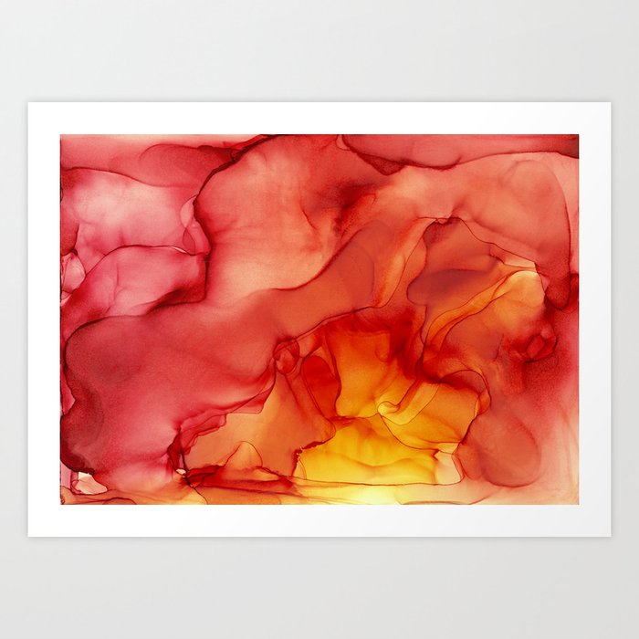 Red Sunset Abstract Ink Painting Red Orange Yellow Flame Art Print