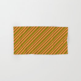 [ Thumbnail: Coral & Green Colored Striped Pattern Hand & Bath Towel ]