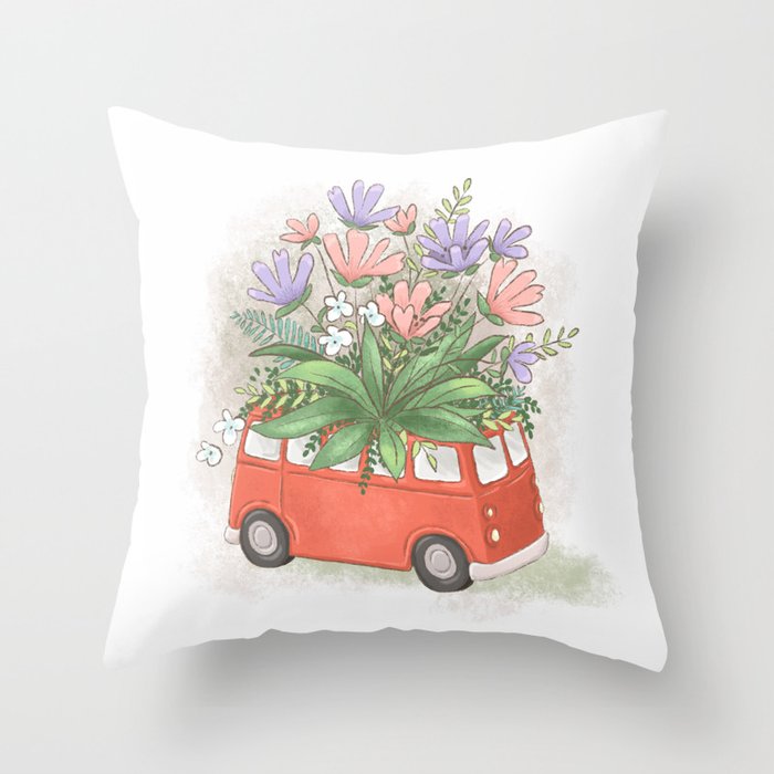 Pretty summer flower bus Throw Pillow