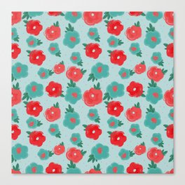Pop flower pattern, red blue flower pop, blue background Canvas Print