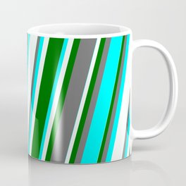 [ Thumbnail: Dim Grey, Cyan, Mint Cream & Dark Green Colored Stripes Pattern Coffee Mug ]