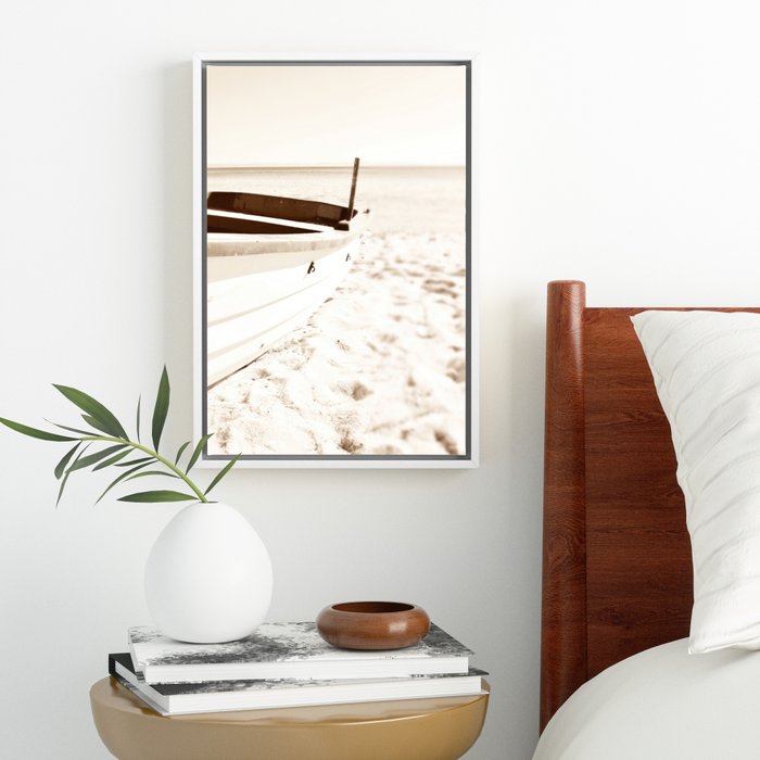 Framed Canvas Minimalist coastal beach boat by ARTbyJWP 