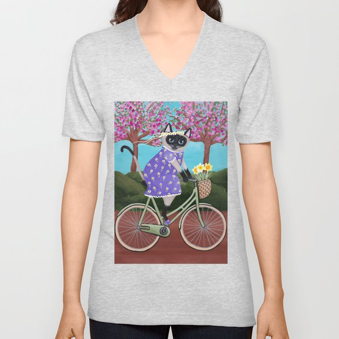 Siamese Cat Spring Bicycle Ride V Neck T Shirt