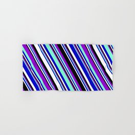 [ Thumbnail: Vibrant Dark Violet, Aquamarine, Blue, White, and Black Colored Striped/Lined Pattern Hand & Bath Towel ]