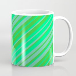 [ Thumbnail: Aquamarine, Lime Green & Green Colored Striped/Lined Pattern Coffee Mug ]