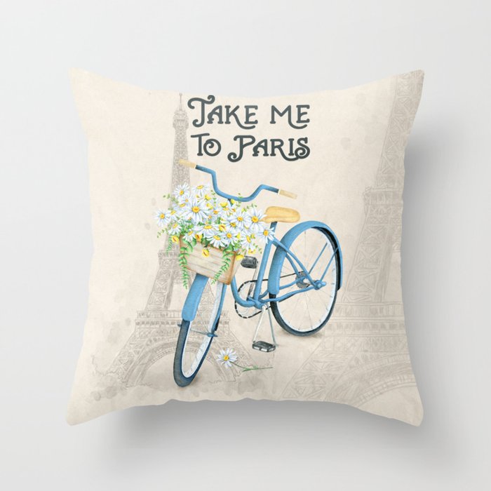 Vintage Blue Bicycle With Flowers In Paris Throw Pillow