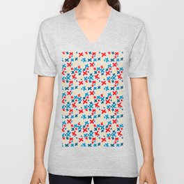 Khaki and Red and Blue X Pattern V Neck T Shirt