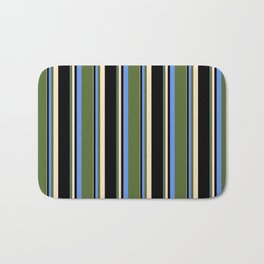 [ Thumbnail: Cornflower Blue, Dark Olive Green, Bisque, and Black Colored Striped Pattern Bath Mat ]