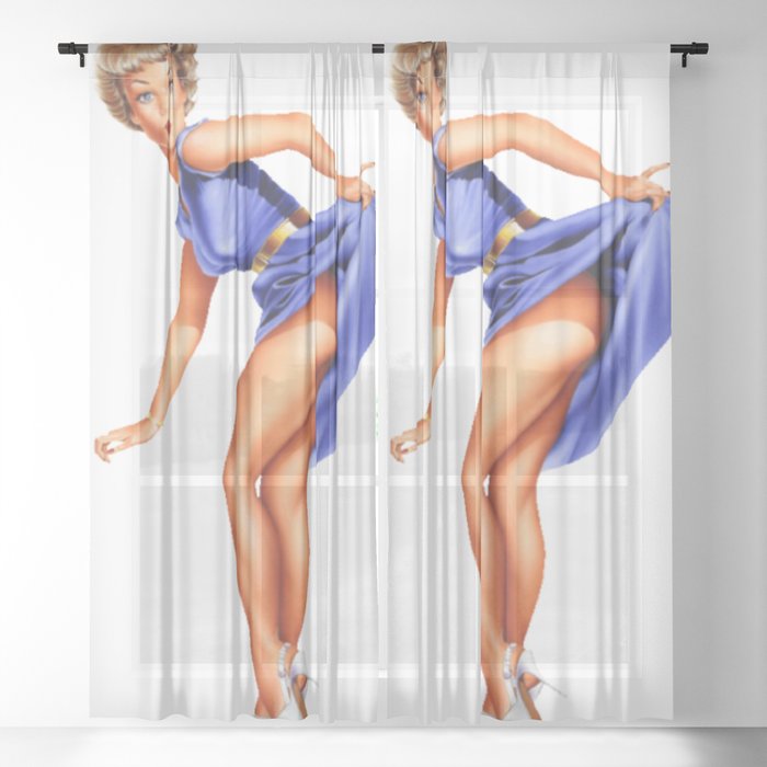Sexy Blonde Vintage Pinup In Blue Dress Sheer Curtain