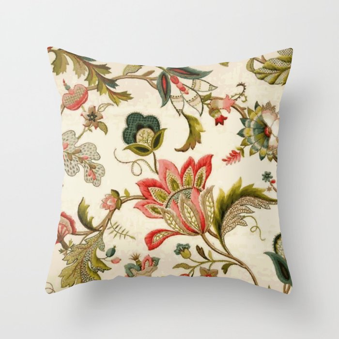 Jacobean Floral Crewel Embroidery Pattern Digital Art Vector Painting Throw Pillow